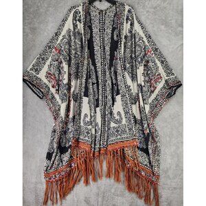 Free People Hendrix Kimono Womens One Size Boho Yarn Fringed Poncho Cardigan